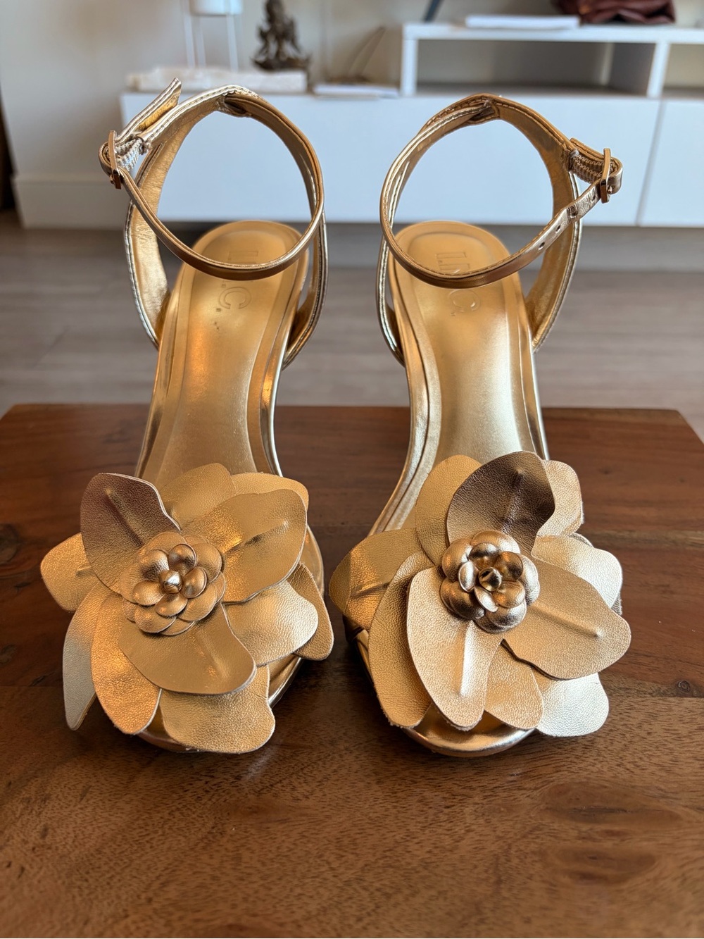 INC International Concepts Gold Floral Ankle-Strap Heels